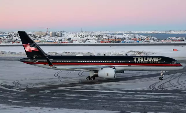 FILE - A plane carrying Donald Trump Jr. lands in Nuuk, Greenland, Jan. 7, 2025. (Emil Stach/Ritzau Scanpix via AP, file)