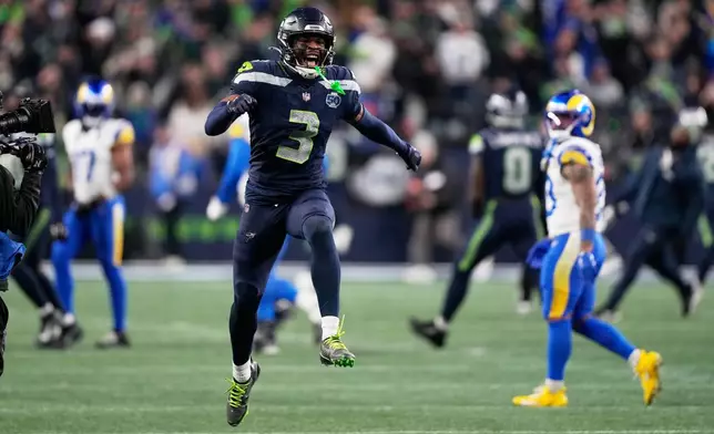 Seattle Seahawks safety Nick Emmanwori (3) celebrates after a win over the Los Angeles Rams in the NFC Championship NFL football game Sunday, Jan. 25, 2026, in Seattle. (AP Photo/Stephen Brashear)