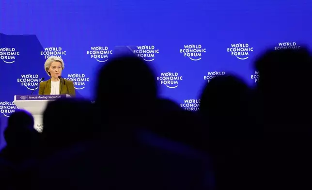 President of the European Commission Ursula von der Leyen talks during the Annual Meeting of the World Economic Forum in Davos, Switzerland, Tuesday, Jan. 20, 2026. (AP Photo/Markus Schreiber)
