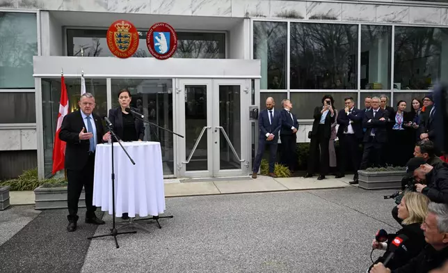 Denmark's Foreign Minister Lars Løkke Rasmussen and Greenland's Foreign Minister Vivian Motzfeldt speak at a news conference at the Embassy of Denmark, Wednesday, Jan. 14, 2026, in Washington. (AP Photo/John McDonnell)