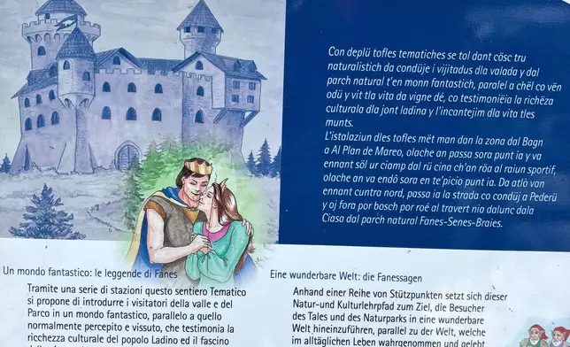 A tourists signboard written in Ladin language, Italian and German is seen in San Vigilio di Marebbe, northern Italy, Monday, Jan. 26, 2026. (AP Photo/Nicole Winfield)