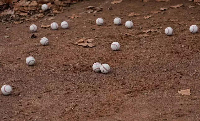 Baseballs are scattered on the ground as Daulton Jefferies works out at Heather Farms Park in Walnut Creek, Calif., Saturday, Dec. 13, 2025. (AP Photo/Godofredo A. Vásquez)