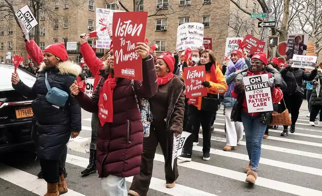 Striking nurses demonstrate outside Mt. Sinai Hospital, in New York, Wednesday, Jan. 14, 2026. (AP Photo/Richard Drew)