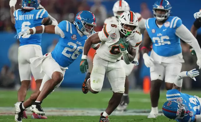 Miami running back Charmar Brown (6) runs the ball against Mississippi linebacker Tahj Chambers (26) during the first half of the Fiesta Bowl NCAA college football playoff semifinal game, Thursday, Jan. 8, 2026, in Glendale, Ariz. (AP Photo/Rick Scuteri)