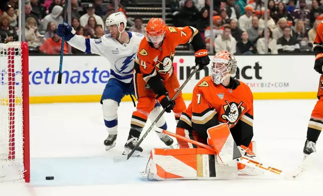 Tampa Bay Lightning center Brayden Point, left, celebrates his goal as Anaheim Ducks goaltender Lukas Dostal, right, and defenseman Ian Moore watch during the second period of an NHL hockey game Wednesday, Dec. 31, 2025, in Anaheim, Calif. (AP Photo/Mark J. Terrill)