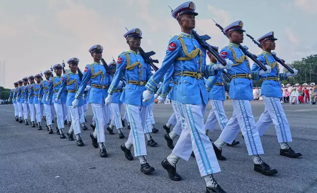 Members of an honor guard leave after a ceremony marking the 78th anniversary of its Independence Day in Naypyitaw, Myanmar, Sunday, Jan. 4, 2026. (AP Photo/Aung Shine Oo)