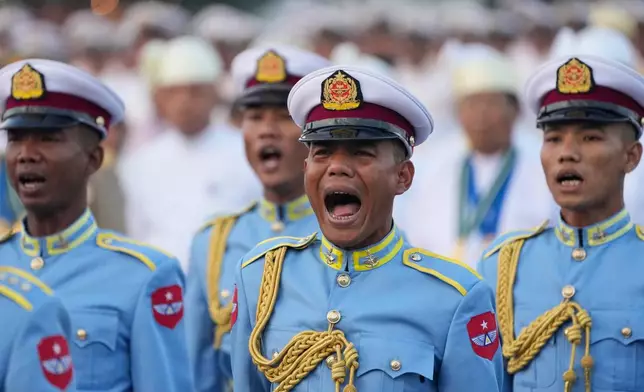 High-ranking soldiers shout commands during a ceremony marking the 78th anniversary of its Independence Day in Naypyitaw, Myanmar, Sunday, Jan. 4, 2026. (AP Photo/Aung Shine Oo)