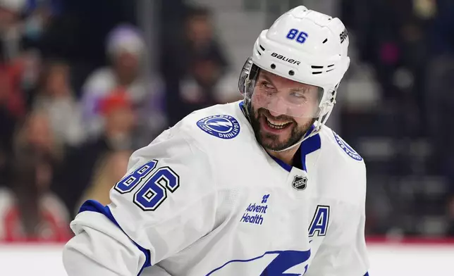 Tampa Bay Lightning's Nikita Kucherov celebrates his goal during the first period of an NHL hockey game against the Philadelphia Flyers, Saturday, Jan. 10, 2026, in Philadelphia. (AP Photo/Derik Hamilton)