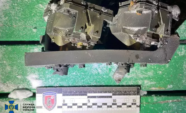 This photo provided by the Ukrainian Security Service on Friday, Jan. 9, 2026, shows a fragment believed to be a part of a Russian Oreshnik intermediate range hypersonic ballistic missile that hit the Lviv region. (Ukrainian Security Service via AP)