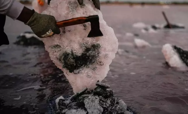 Jose Gabriel Sanchez cuts a block of salt at the Salinas de Las Cumaraguas salt ponds on the Paraguana Peninsula in Falcon state, Venezuela, Thursday, Jan. 15, 2026. (AP Photo/Matias Delacroix)
