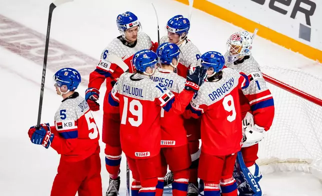 Team Czechia celebrates after defeating Latvia in IIHF World Junior Championship hockey action in Minneapolis on Wednesday, Dec. 31, 2025. (Christopher Katsarov/The Canadian Press via AP)