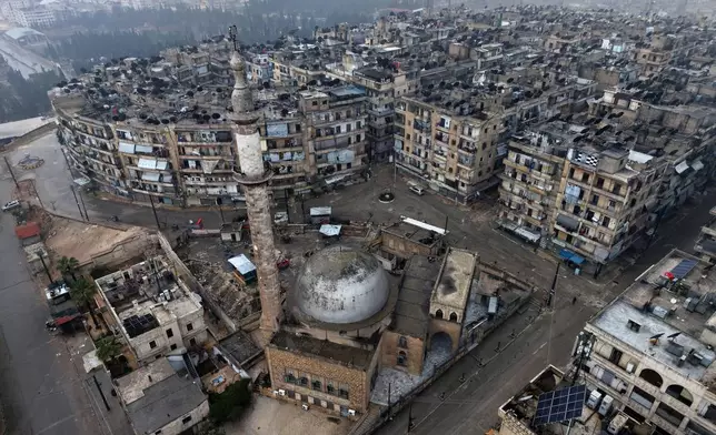 An aerial view shows the area in the predominantly Kurdish Sheikh Maqsoud neighborhood where clashes broke out Tuesday Jan. 6 between government forces and the Kurdish-led Syrian Democratic Forces in the northern city of Aleppo, Syria, Monday, Jan. 12, 2026. (AP Photo/Omar Albam)