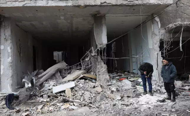 People stand in front of destroyed shops, in the Sheikh Maqsoud neighborhood after days of fighting between government forces and Kurdish fighters in the northern city of Aleppo, Syria, Tuesday, Jan. 13, 2026. (AP Photo/Omar Albam)