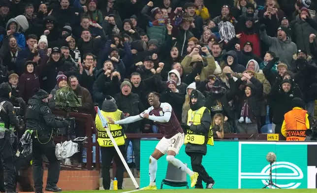 Aston Villa's Jamaldeen Jimoh-Aloba celebrates scoring during the Europa League opening phase soccer match between Aston Villa and RB Salzburg in Birmingham, England, Thursday Jan. 29, 2026. (Nick Potts/PA via AP)