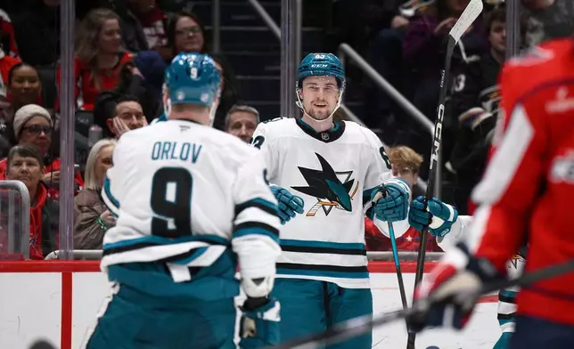 San Jose Sharks center Zack Ostapchuk, right, celebrates his goal with San Jose Sharks defenseman Dmitry Orlov (9) during the second period of an NHL hockey game against the Washington Capitals, Thursday, Jan. 15, 2026, in Washington. (AP Photo/Nick Wass)