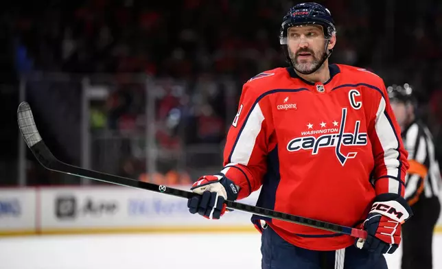 Washington Capitals left wing Alex Ovechkin looks on during the first period of an NHL hockey game against the San Jose Sharks, Thursday, Jan. 15, 2026, in Washington. (AP Photo/Nick Wass)