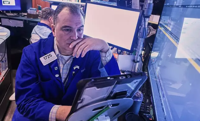 Trader Chris Lagana works on the floor of the New York Stock Exchange, Tuesday, Jan. 20, 2026. (AP Photo/Richard Drew)