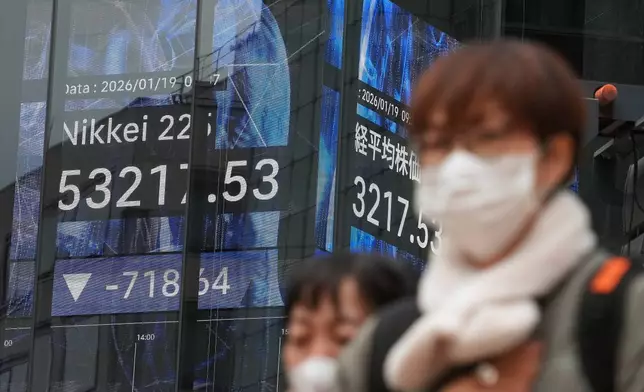 People walk in front of an electronic stock board showing Japan's Nikkei index at a securities firm Monday, Jan. 19, 2026, in Tokyo. (AP Photo/Eugene Hoshiko)