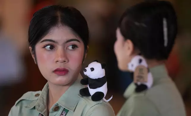 Staff wear panda plush toys on their shoulder during a press conference announcing the first giant panda cub born in Indonesia, at Indonesia Safari Park, in Bogor, West Java, Indonesia, Tuesday, Jan. 6, 2026. (AP Photo/Dita Alangkara)