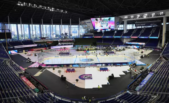 Workers prepare the ice for the upcoming NHL Winter Classic hockey game between the Florida Panthers and New York Rangers, Tuesday, Dec. 30, 2025, at loanDepot Park in Miami. (AP Photo/Lynne Sladky)