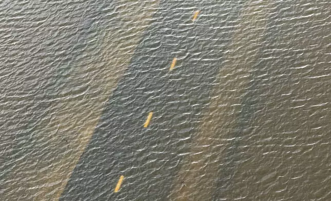 FILE - A person runs along a flooded path caused by the king tides in Mill Valley, California, Jan. 2, 2026. (AP Photo/Ethan Swope, File)