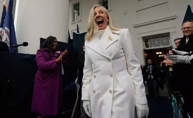 Virginia Gov. Abigail Spanberger arrives for inaugural ceremonies at the Capitol in Richmond Va., Saturday Jan. 17, 2026. (AP Photo/Steve Helber, Pool)