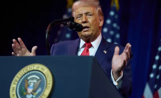 President Donald Trump speaks to House Republican lawmakers during their annual policy retreat, Tuesday, Jan. 6, 2026, in Washington. (AP Photo/Evan Vucci)