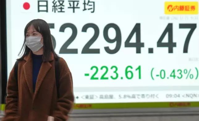 A person walks in front of an electronic stock board showing Japan's Nikkei index at a securities firm Wednesday, Jan. 7, 2026, in Tokyo. (AP Photo/Eugene Hoshiko)
