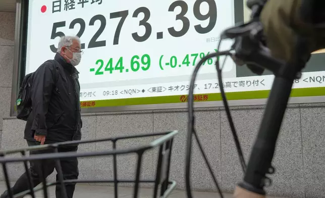 A person walks in front of an electronic stock board showing Japan's Nikkei index at a securities firm Wednesday, Jan. 7, 2026, in Tokyo. (AP Photo/Eugene Hoshiko)