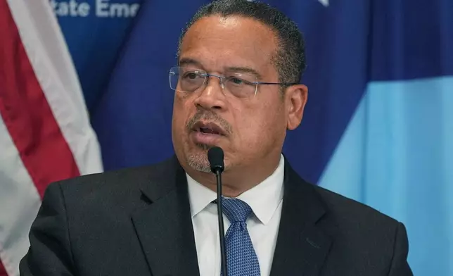 Attorney General Keith Ellison speaks during a news conference in Blaine, Minn., Sunday, Jan. 25, 2026. (AP Photo/Abbie Parr)