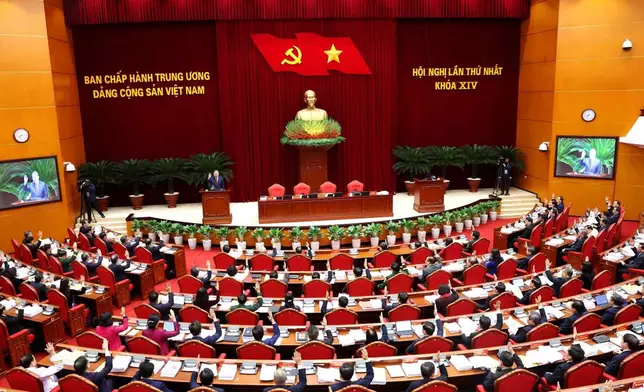 Vietnam's Central Committee of the Communist Party holds a meeting to elect top leaders in Hanoi, Vietnam, Friday, Jan. 23, 2026. (Hoang Thong Nhat/VNA via AP)