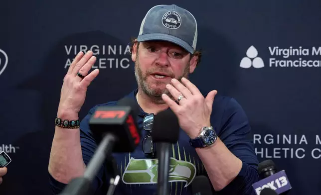 Seattle Seahawks general manager John Schneider speaks during a news conference at the NFL football team's facilities ahead of Super Bowl 60, Thursday, Jan. 29, 2026, in Seattle. (AP Photo/John Froschauer)