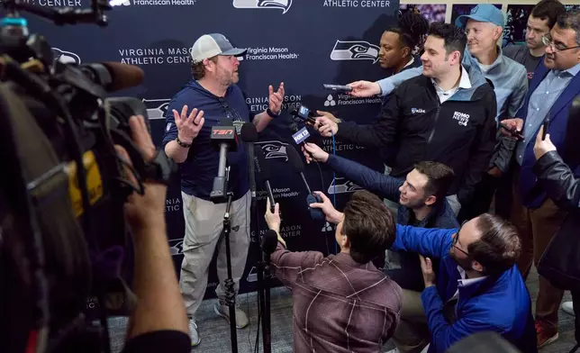 Seattle Seahawks general manager John Schneider speaks during a news conference at the NFL football team's facilities ahead of Super Bowl 60, Thursday, Jan. 29, 2026, in Seattle. (AP Photo/John Froschauer)