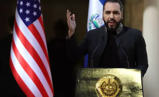 El Salvador's President Nayib Bukele speaks at the National Palace as he hosts a meeting with U.S. congresspeople in San Salvador, El Salvador, Monday, Jan. 19, 2026. (AP Photo/Salvador Melendez)