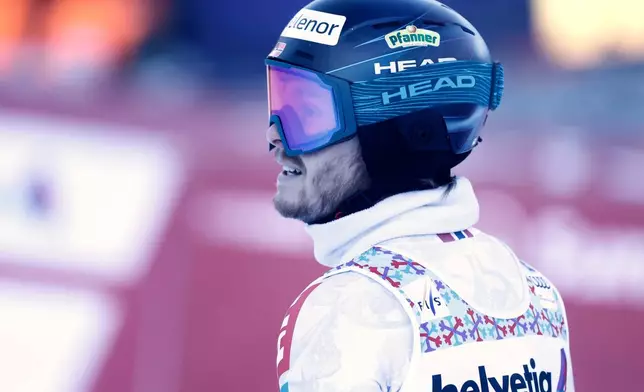 Norway's Atle Lie McGrath reacts at the finish line during an alpine ski, men's World Cup slalom, in Adelboden, Switzerland, Sunday, Jan. 11, 2026. (AP Photo/Gabriele Facciotti)