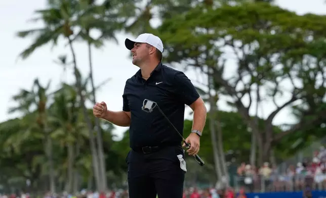Chris Gotterup reacts after winning the Sony Open golf event at the Waialae Country Club in Honolulu, Sunday, Jan. 18, 2026. (AP Photo/Matt York)