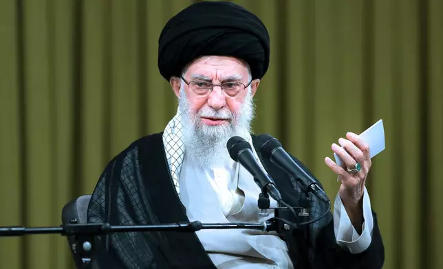 FILE - In this photo released by an official website of the office of the Iranian supreme leader, Supreme Leader Ayatollah Ali Khamenei speaks in a ceremony to mark the Shiite holiday of Eid al-Ghadir, in Tehran, Iran, Tuesday, June 25, 2024. (Office of the Iranian Supreme Leader via AP, File)