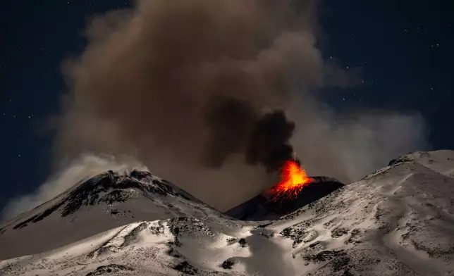 Explosive activity concentrates at the north-east crater of the Mount Etna, as an eruption started on Dec. 24 continues, in Sicily, Italy, Monday Dec. 29, 2025. (AP Photo/Salvatore Allegra)