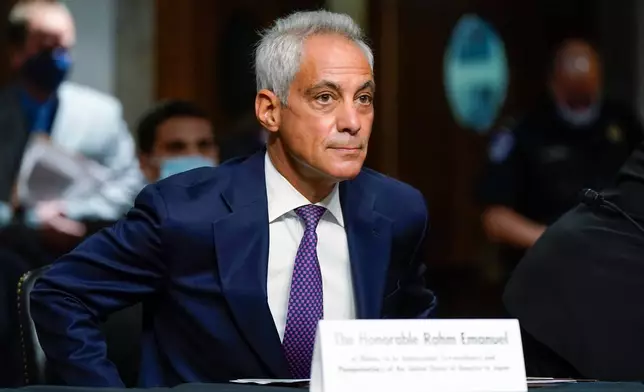 FILE - U.S. Ambassador to Japan nominee Rahm Emanuel arrives for a hearing to examine his nomination before the Senate Foreign Relations Committee on Capitol Hill in Washington, Oct. 20, 2021. (AP Photo/Patrick Semansky, File)