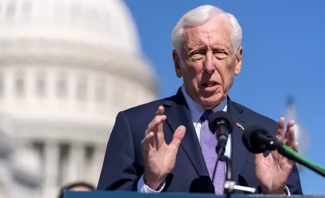 FILE -Rep. Steny Hoyer, D-Md., speaks at a news conference about the Protect Our Probationary Employees Act on Capitol Hill, March 11, 2025, in Washington. (AP Photo/Mark Schiefelbein, File)