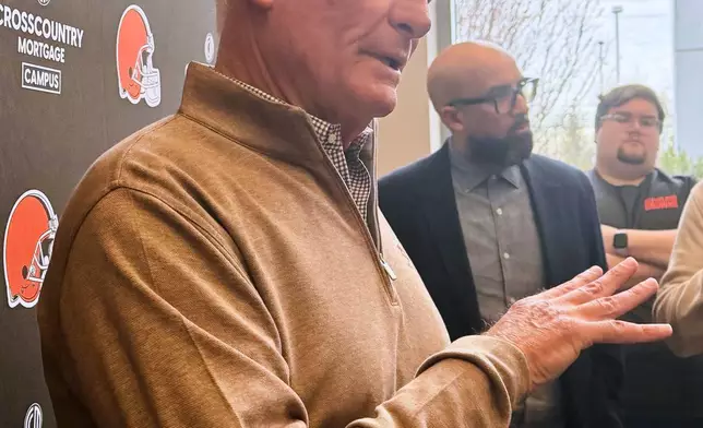 Cleveland Browns owner Jimmy Haslam answers questions at the team complex in Berea, Ohio, on Jan. 5, 2026, after head coach Kevin Stefanski was fired. (AP photo/Joe Reedy)
