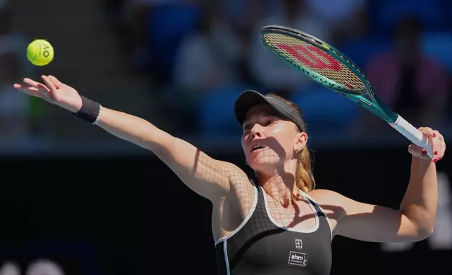 Oksana Selekhmeteva of Russia serves to Jessica Pegula of the U.S. during their third round match at the Australian Open tennis championship in Melbourne, Australia, Saturday, Jan. 24, 2026. (AP Photo/Aaron Favila)