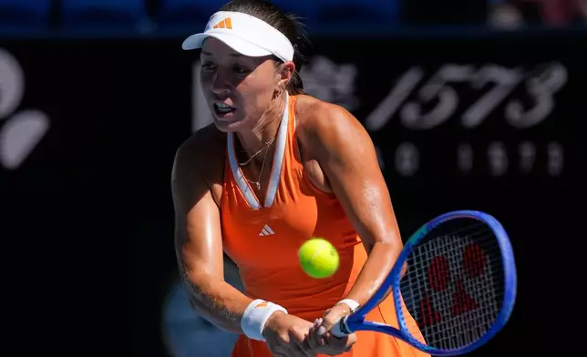 Jessica Pegula of the U.S. plays a backhand return to Oksana Selekhmeteva of Russia during their third round match at the Australian Open tennis championship in Melbourne, Australia, Saturday, Jan. 24, 2026. (AP Photo/Aaron Favila)