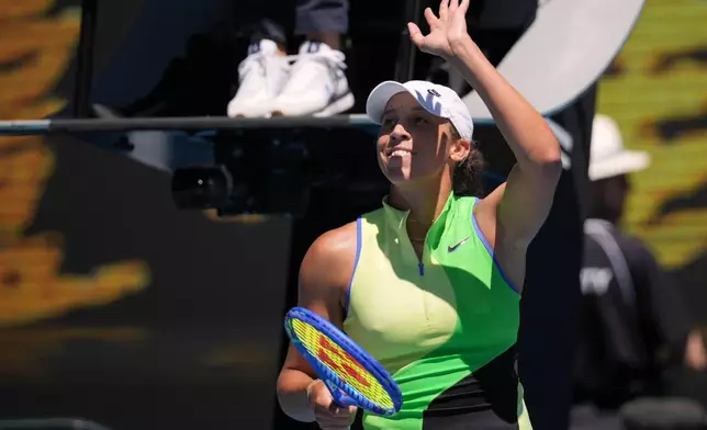 Madison Keys of the U.S. waves after defeating Karolina Pliskova of the Czech Republic in their third round match at the Australian Open tennis championship in Melbourne, Australia, Saturday, Jan. 24, 2026. (AP Photo/Dita Alangkara)