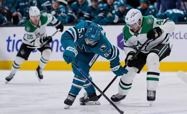 San Jose Sharks left wing Jeff Skinner (53) and Dallas Stars defenseman Ilya Lyubushkin (46) compete for possession of the puck during the third period of an NHL hockey game, Saturday, Jan. 10, 2026, in San Jose, Calif. (AP Photo/Godofredo A. Vásquez)