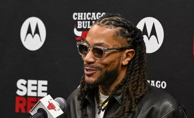 Former Chicago Bulls player Derrick Rose, talks during a press conference before an NBA basketball game against the Boston Celtics, Saturday, Jan. 24, 2026, in Chicago. Rose's jersey will be retired after the game today. (AP Photo/Matt Marton)