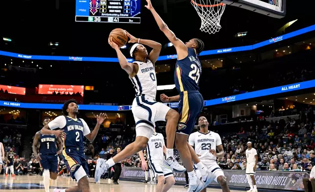 Memphis Grizzlies forward Jaylen Wells (0) jumps to shoot against New Orleans Pelicans forward Trey Murphy III (25) in the first half of an NBA basketball game Friday, Jan. 23, 2026, in Memphis, Tenn. (AP Photo/Brandon Dill)