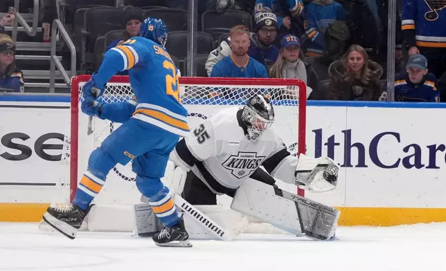 Los Angeles Kings goaltender Darcy Kuemper (35) stops a shot by St. Louis Blues' Jimmy Snuggerud (21) during a shootout of an NHL hockey game Saturday, Jan. 24, 2026, in St. Louis. (AP Photo/Jeff Roberson)
