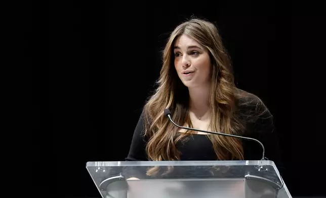 Jordyn Biffle, sister of Greg Biffle, speaks at the memorial service for Biffle and his family in Charlotte, N.C., Friday, Jan. 16, 2026. (AP Photo/Nell Redmond)