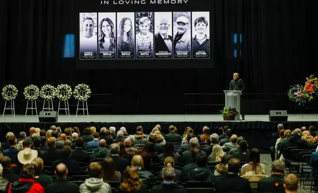 Chaplain Billy Mauldin speaks during the NASCAR Plane Crash Memorial memorial in Charlotte, N.C., Friday, Jan. 16, 2026. (AP Photo/Nell Redmond)